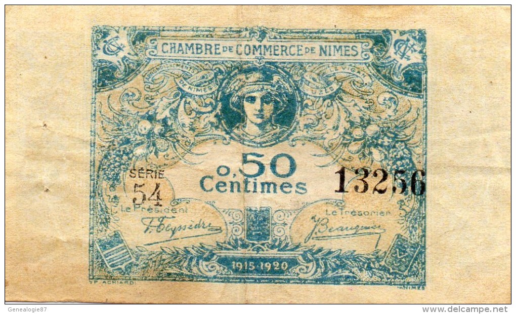 30 - NIMES   - BILLET CHAMBRE DE COMMERCE DE NIMES -1915-1920- 50 CENTIMES - Chambre De Commerce