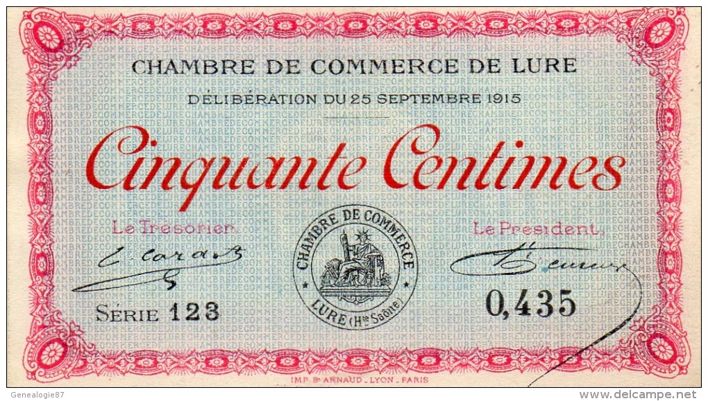 71- LURE   - BILLET CHAMBRE DE COMMERCE LURE - 50 CENTIMES - 28 SEPTEMBRE 1915 - Chambre De Commerce