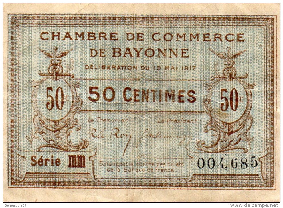 64- BAYONNE   - BILLET CHAMBRE DE COMMERCE BAYONNE - 19 MAI 1917- 50 CENTIMES - Chamber Of Commerce