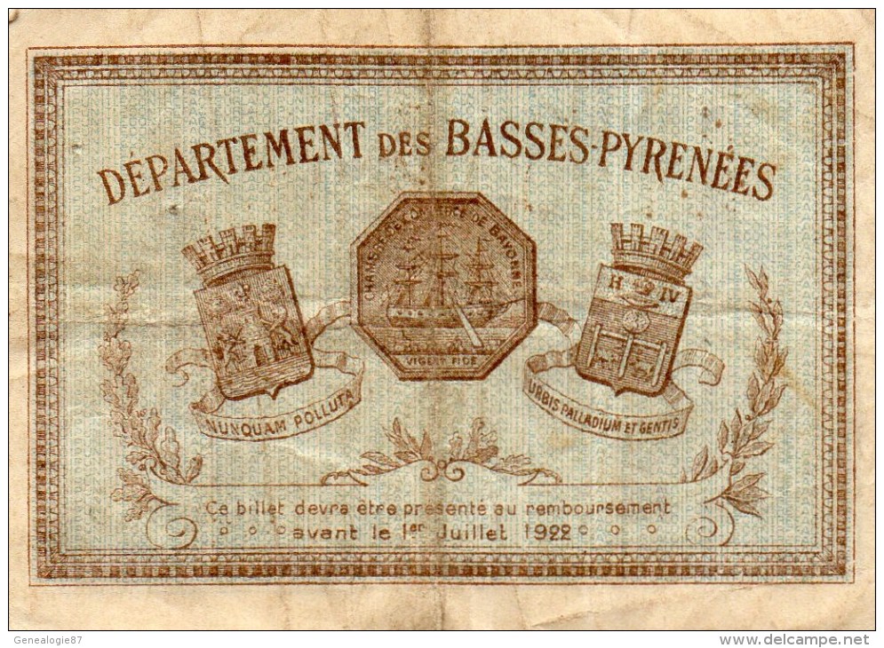 64- BAYONNE   - BILLET CHAMBRE DE COMMERCE BAYONNE - 19 MAI 1917- 50 CENTIMES - Chamber Of Commerce