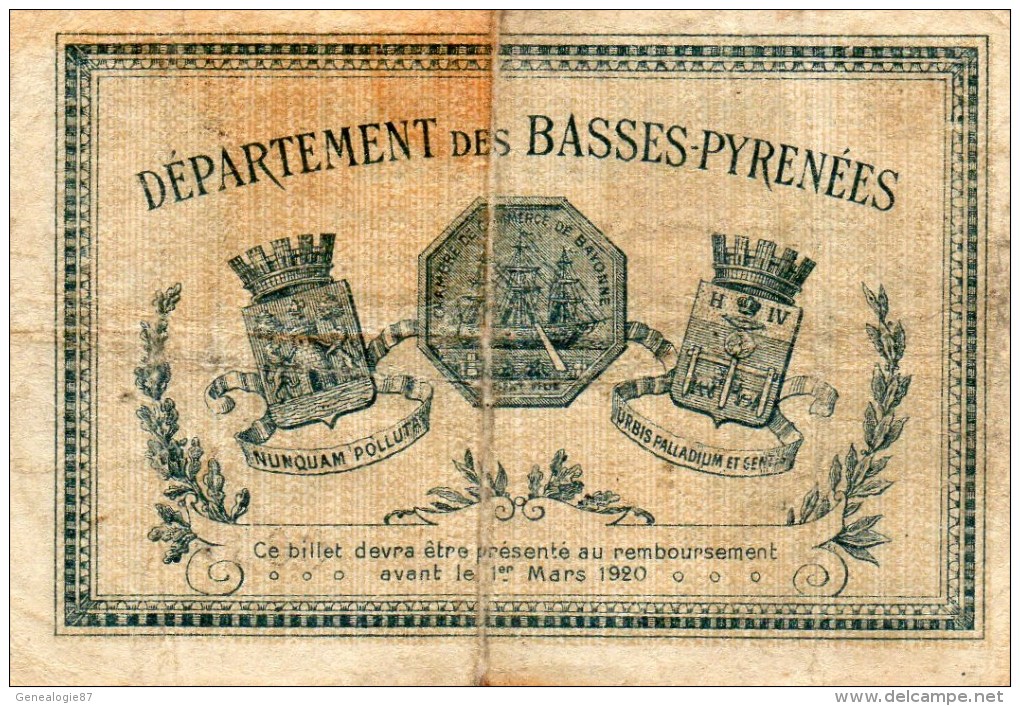 62- BAYONNE    - BILLET CHAMBRE DE COMMERCE  BAYONNE - 16 JANVIER 1915- UN FRANC - Chambre De Commerce