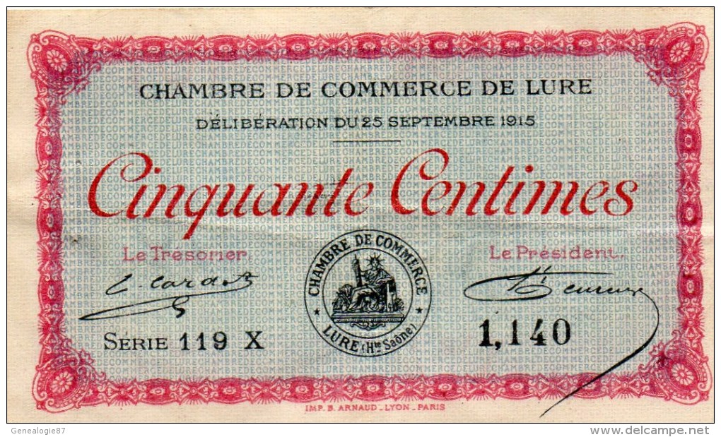 71- LURE    - BILLET CHAMBRE DE COMMERCE LURE - 25 SEPTEMBRE 1915- 50 CENTIMES - Chambre De Commerce