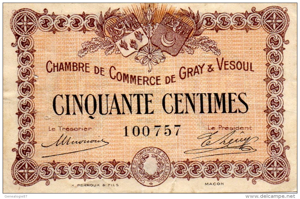 70 - GRAY  VESOUL - BILLET CHAMBRE DE COMMERCE DE GRAY  VESOUL- 1ER JANVIER 1921- 50 CENTIMES - Chamber Of Commerce