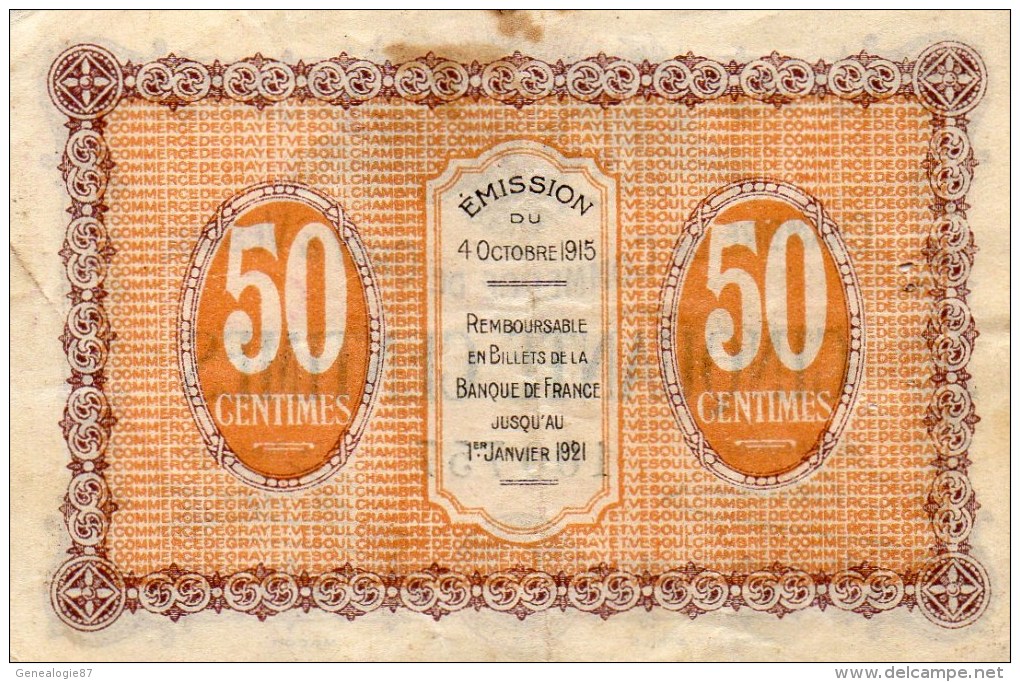 70 - GRAY  VESOUL - BILLET CHAMBRE DE COMMERCE DE GRAY  VESOUL- 1ER JANVIER 1921- 50 CENTIMES - Chamber Of Commerce