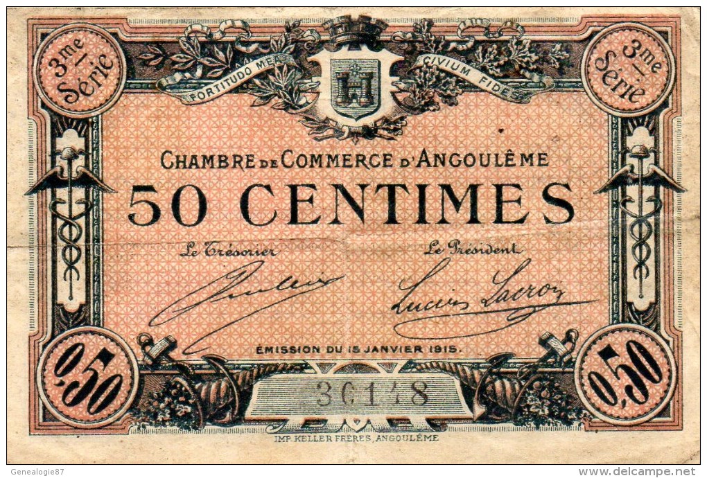 16- ANGOULEME  - BILLET CHAMBRE DE COMMERCE DE ANGOULEME 15 JANVIER 1915- 50 CENTIMES - Chambre De Commerce