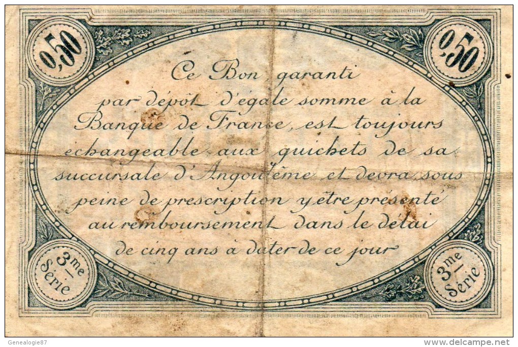 16- ANGOULEME  - BILLET CHAMBRE DE COMMERCE DE ANGOULEME 15 JANVIER 1915- 50 CENTIMES - Chambre De Commerce