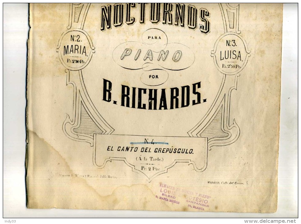 - NOCTURNO N°4 EL CANTO DEL CREPUSCULO (a La Tarde) PARA PIANO POR B. RICHARDS . 1875 - Strumenti A Tastiera