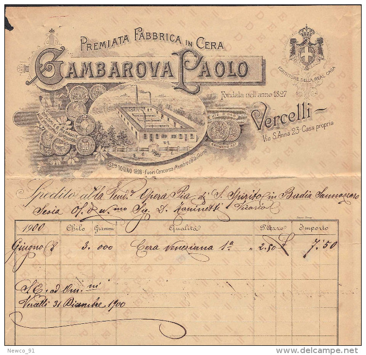 FATTURA "PREMIATA FABBRICA IN CERA GAMBAROVA PAOLO - VERCELLI" - 31-12-1900 - Italia