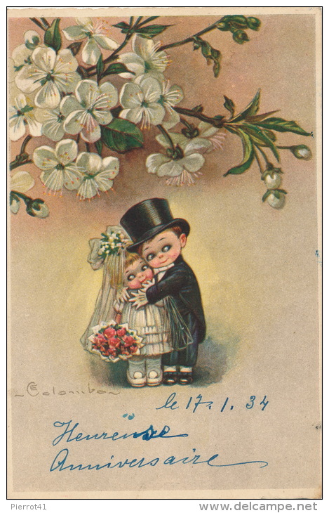 ENFANTS -  Jolie Carte Fantaisie Enfants Jeunes Mariés Et Fleurs Signée COLOMBO - Colombo, E.