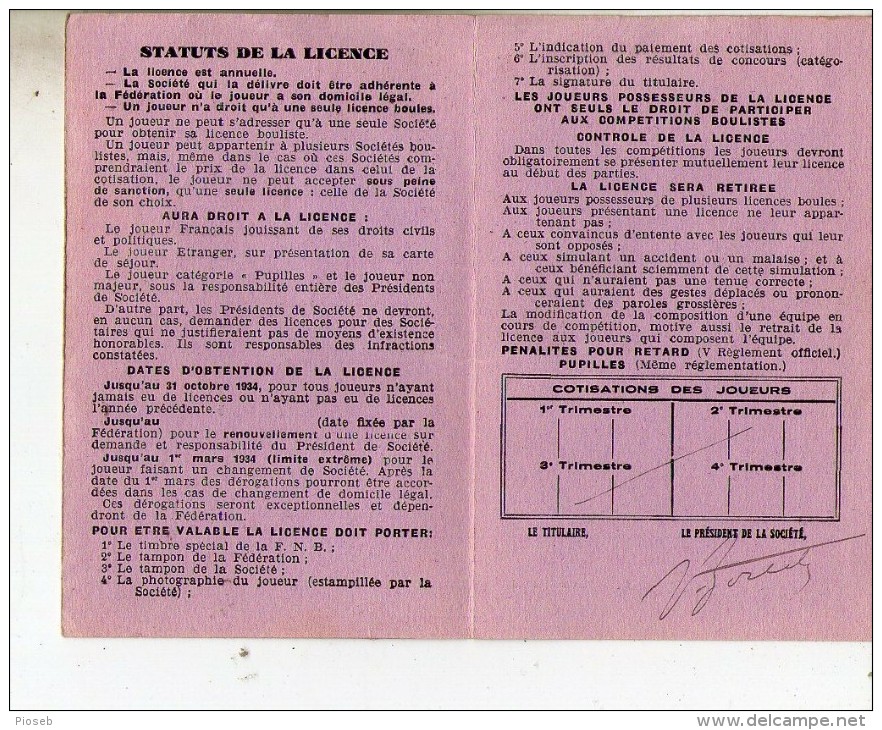 Licence F.N.B. Fédération Nationale De Boules Mont Blanc Et Haute Savoie 1934 - Sports & Tourisme