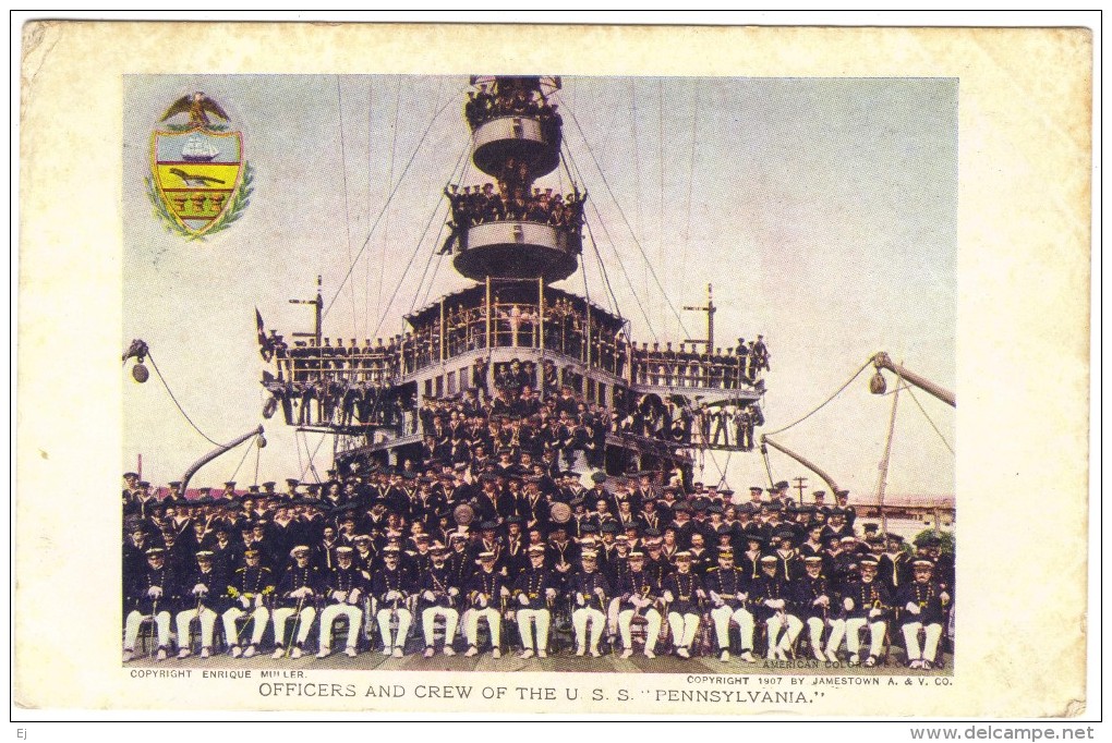 Officers And Crew Of The U.S.S. "Pennsylvania" Colour Postcard - Other & Unclassified