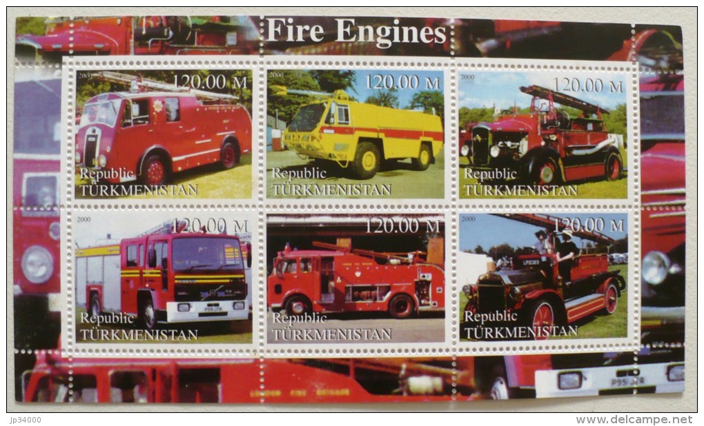 TURMENISTAN, POMPIERS VOITURES DE POMPIERS, Firemen, Bomberos. Feuillet 6 Valeurs émis En 2000. MNH, Neuf Sans Charnière - Sapeurs-Pompiers