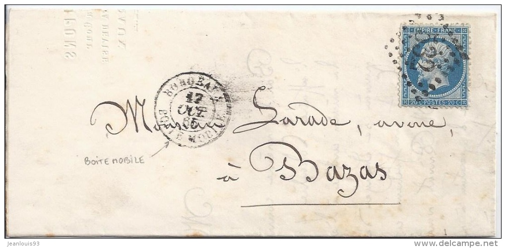 FRANCE - 22 LETTRE AVEC CORRESPONDANCE DE BORDEAUX POUR BAZAS CACHET ROND BOITE MOBILE 1865 - 1862 Napoleon III