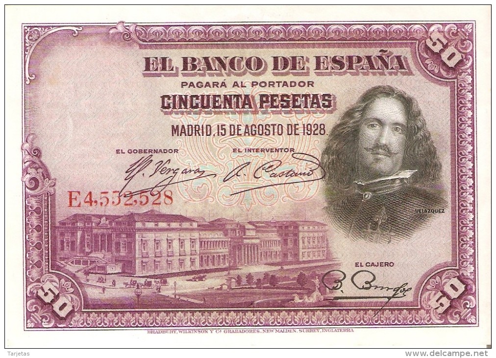 BILLETE DE ESPAÑA DE 50 PTAS DEL AÑO 1928 SERIE E CALIDAD EBC (BANKNOTE) - 50 Pesetas