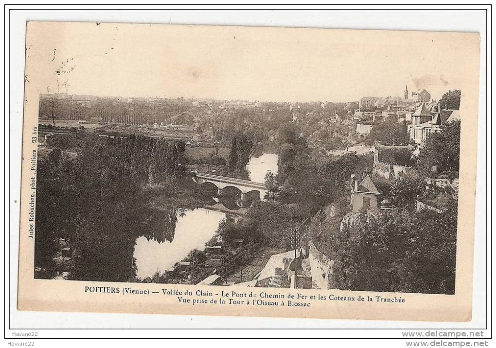 F954  86 POITIERS VALLEE DU CLAIN LE PONT DU CHEMIN DE FER ET LES COTEAUX DE LA TRANCHEE 1911 TIMBRE CACHET - Poitiers