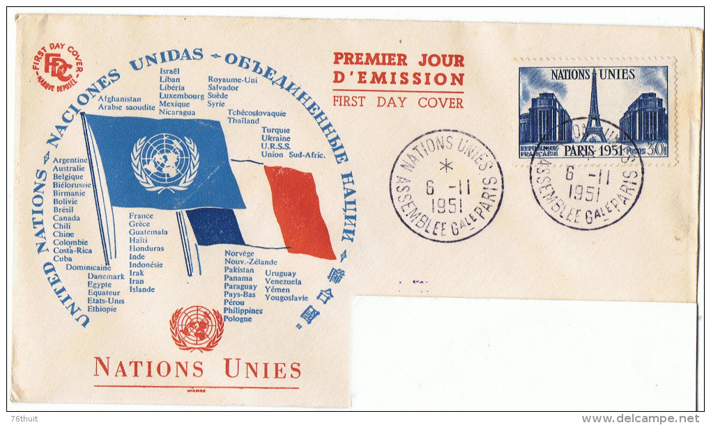 6/11/1951 - FDC - Enveloppe Lettre - Premier Jour - Assemblée De L´ONU à Paris - Yvert Et Tellier N° 912 - 1950-1959