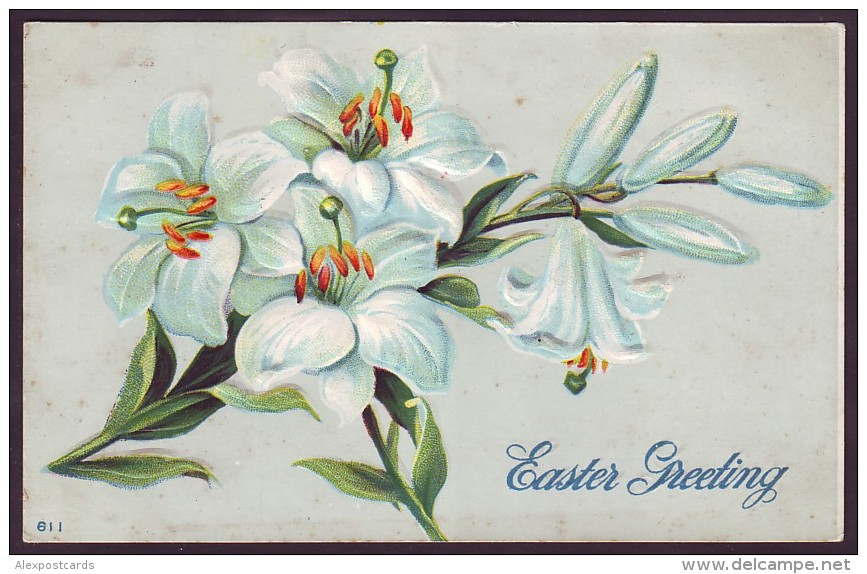 EASTER GREETING. LILY FLOWERS. Embossed (1910's) - Pasen