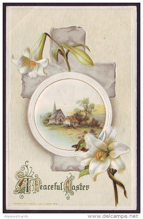 A PEACEFUL EASTER. LILY FLOWERS, CHURCH, LANDSCAPE. Embossed (1912) - Pasen