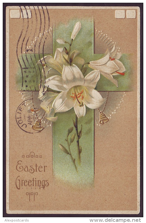 EASTER GREETINGS. LILY FLOWERS, CROSS. Embossed (Postally Used, PM 1909) - Pasen