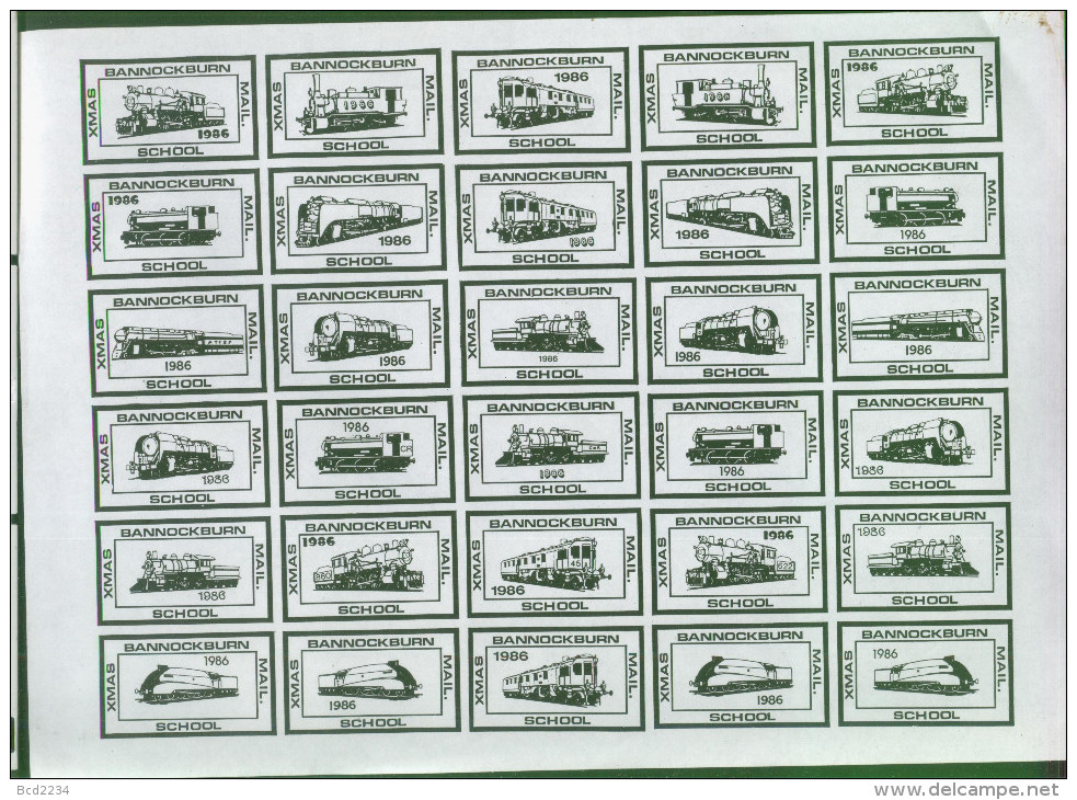 GB 1986 BANNOCKBURN SCHOOL XMAS MAIL IMPERF SHEET 25 PROOFS BLACK ON WHITE CINDERELLA TRAINS RAILWAY TRAIN LOCOMOTIVE - Cinderellas