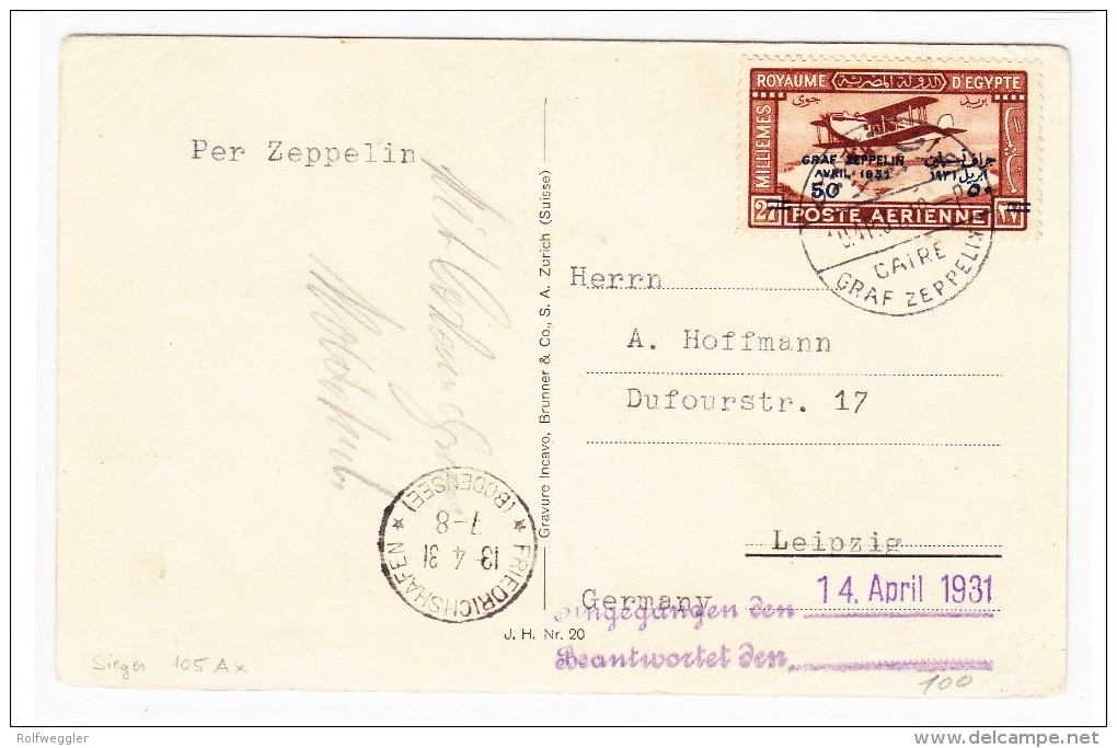 Ägypten - Zeppelin AK Sieger #105Ax Von Cairo Nach Leipzig - Poste Aérienne