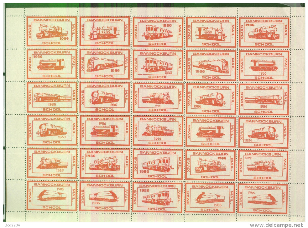 GB 1986 BANNOCKBURN SCHOOL XMAS MAIL PERF SHEET 25 PROOFS RED ON OFF WHITE CINDERELLA TRAINS RAILWAY TRAIN LOCOMOTIVE - Cinderellas