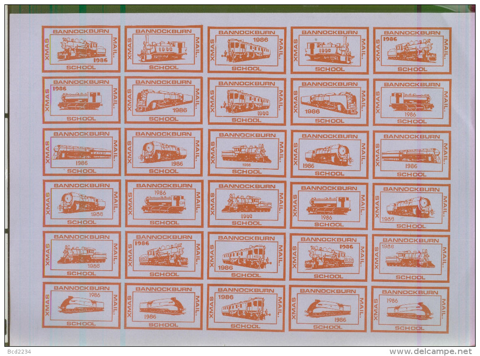 GB 1986 BANNOCKBURN SCHOOL XMAS MAIL IMPERF SHEET 25 PROOFS RED ON MAUVE CINDERELLA TRAINS RAILWAY TRAIN LOCOMOTIVE - Cinderellas