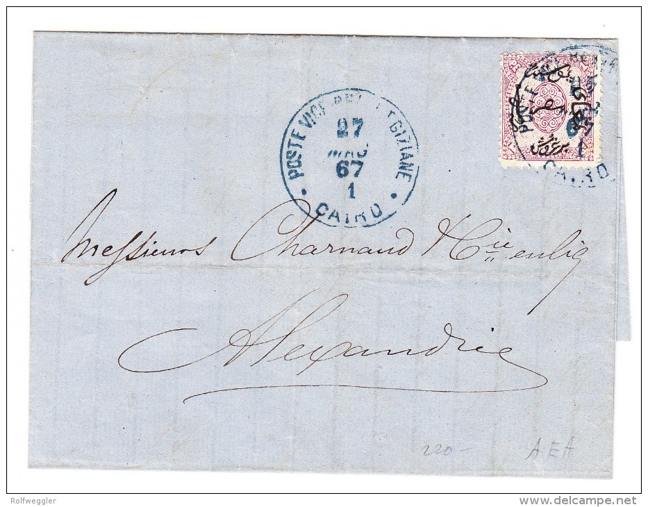 Ägypten 1 Pia Brief  27 3 1867 Von Cairo Nach Alexandria Mit AK-Stempel - 1866-1914 Khédivat D'Égypte