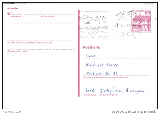 BRD Garmisch-Partenkirchen MWST 1986 50 Jahre Olympiaort Skispinger Berge DP-Postkarte 60 Pf. Schloss Rheydt - Hiver 1936: Garmisch-Partenkirchen