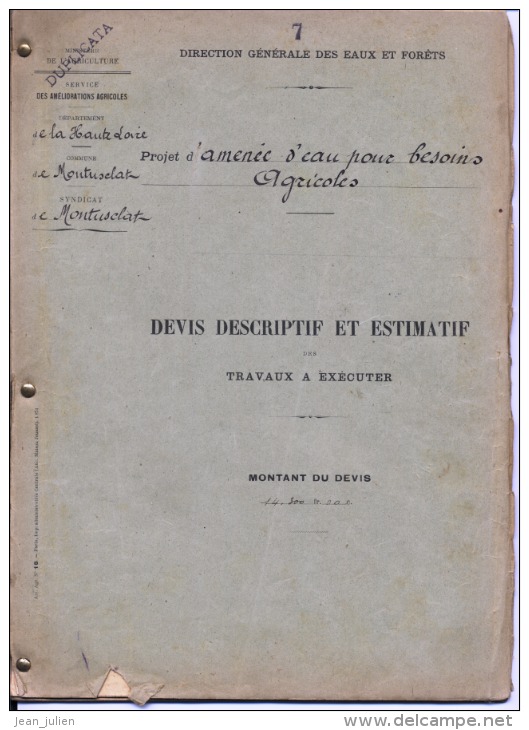 43 - MONTUSCLAT -  HAUTE- LOIRE  - 1912 -  AMENEE EAU  -  OUVRAGE D'ART: Anciens Plans , Descriptifs , Devis ..  9 Scan - Opere Pubbliche