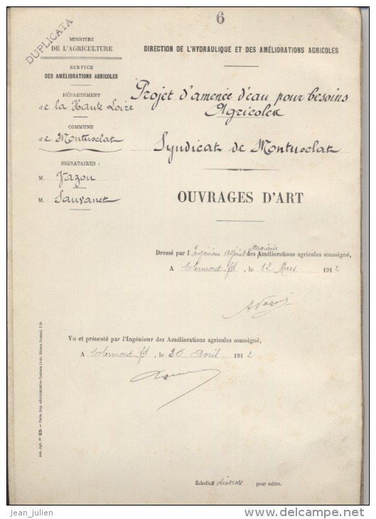 43 - MONTUSCLAT -  HAUTE- LOIRE  - 1912 -  AMENEE EAU  -  OUVRAGE D'ART: Anciens Plans , Descriptifs , Devis ..  9 Scan - Public Works