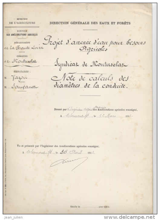 43 - MONTUSCLAT -  HAUTE- LOIRE  - 1912 -  AMENEE EAU  -  OUVRAGE D'ART: Anciens Plans , Descriptifs , Devis ..  9 Scan - Obras Públicas