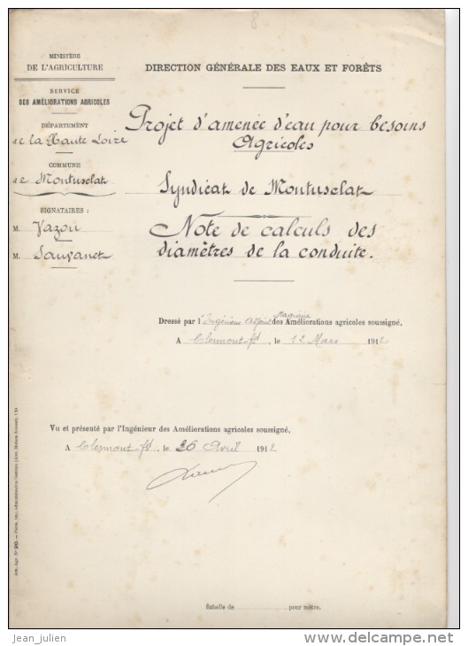 43 - MONTUSCLAT -  HAUTE- LOIRE  - 1912 -  AMENEE EAU  -  OUVRAGE D'ART: Anciens Plans , Descriptifs , Devis ..  9 Scan - Travaux Publics