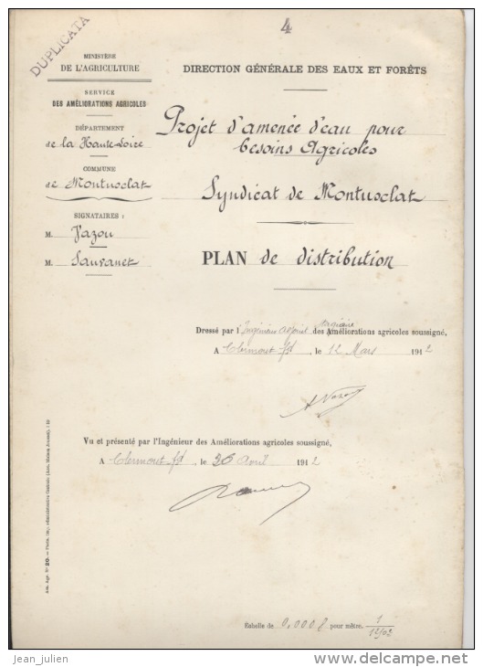 43 - MONTUSCLAT -  HAUTE- LOIRE  - 1912 -  AMENEE EAU  -  OUVRAGE D'ART: Anciens Plans , Descriptifs , Devis ..  9 Scan - Public Works