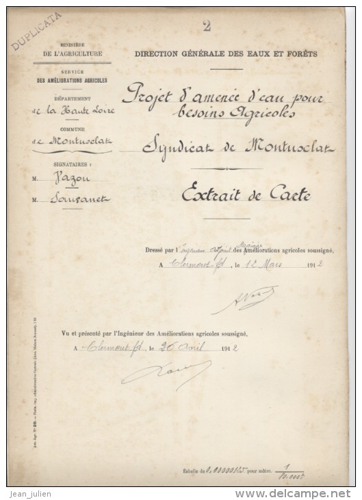 43 - MONTUSCLAT -  HAUTE- LOIRE  - 1912 -  AMENEE EAU  -  OUVRAGE D'ART: Anciens Plans , Descriptifs , Devis ..  9 scan