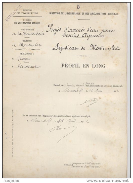 43 - MONTUSCLAT -  HAUTE- LOIRE  - 1912 -  AMENEE EAU  -  OUVRAGE D'ART: Anciens Plans , Descriptifs , Devis ..  9 scan