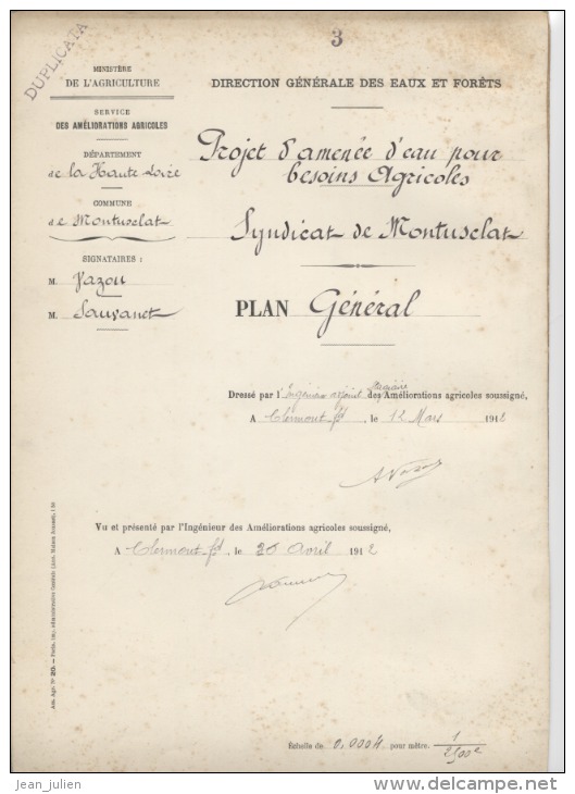 43 - MONTUSCLAT -  HAUTE- LOIRE  - 1912 -  AMENEE EAU  -  OUVRAGE D'ART: Anciens Plans , Descriptifs , Devis ..  9 scan