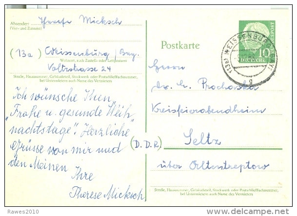 BRD Weissenburg TGST 1958 DP-Postkarte 10 Pf. Heuss Postkarte In Die DDR - Cartes Postales - Oblitérées