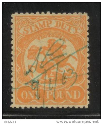 AUSTRALIA VICTORIA STAMP DUTY REVENUE 1909 £1 ORANGE ON YELLOW WMK UPRIGHT PERF 11 BF#98 - Fiscales