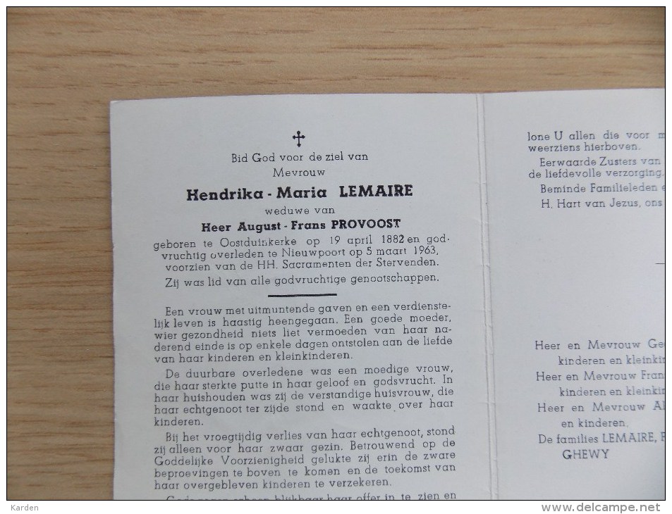 Doodsprentje Hendrika Maria Lemaire Oostduinkerke 19/4/1882 Nieuwpoort 5/3/1963 ( August Frans Provoost ) - Godsdienst & Esoterisme