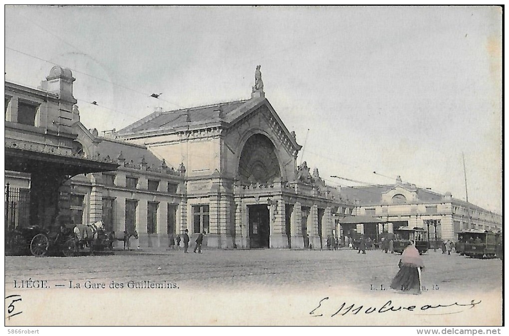 CARTE POSTALE ORIGINALE ANCIENNE : LIEGE ; LA GARE DES GUILLEMINS ; TRAMWAYS ; BELGIQUE . - Andere & Zonder Classificatie