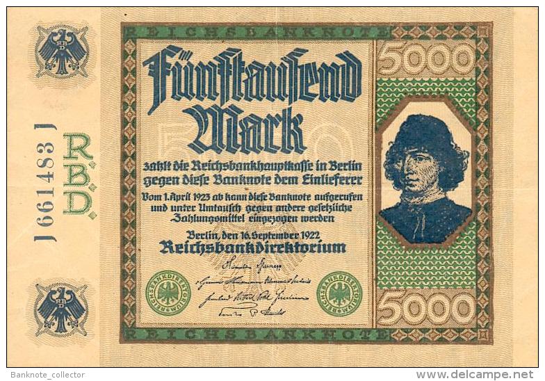 Deutschland, Germany - 5000 Mark, Reichsbanknote, Ro. 76 , XF, Serie J, 1922 ! - 5000 Mark