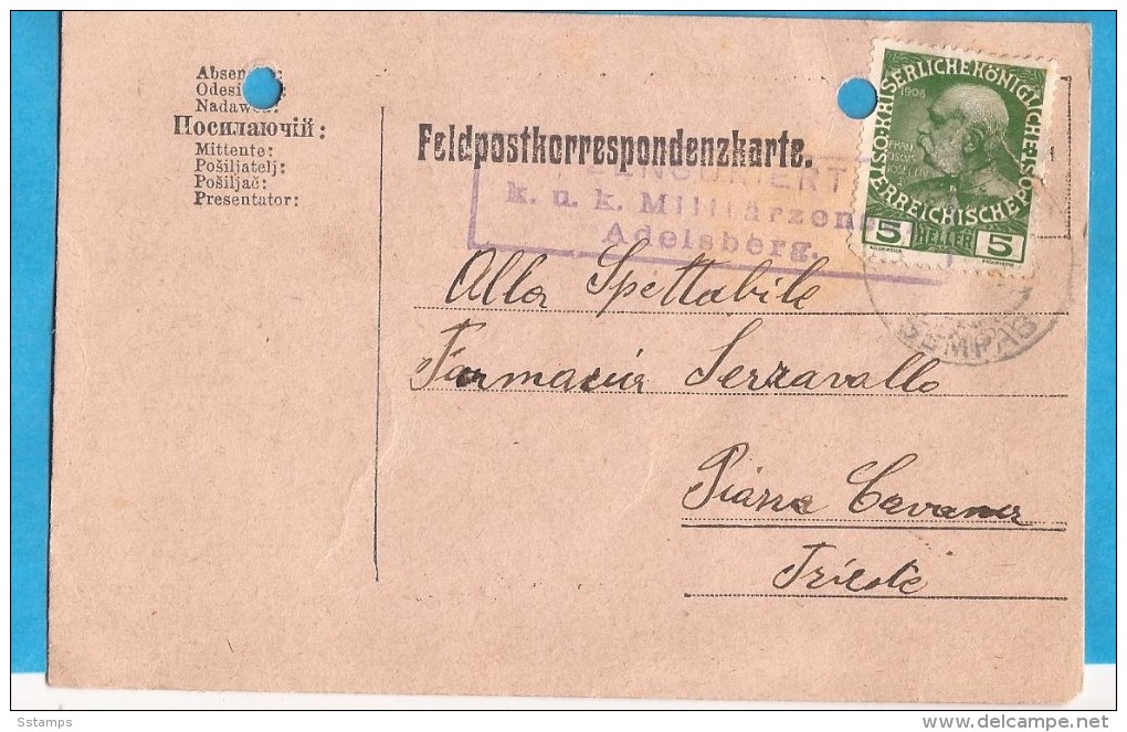 1915  ERSTE WELTKRIEG WW I AUSTRIA  SLOVENIJA SLOWENIEN  ZENSUR  POSTOJNA ADELSBERG SEMPAS  POSTALCARD - 1. Weltkrieg