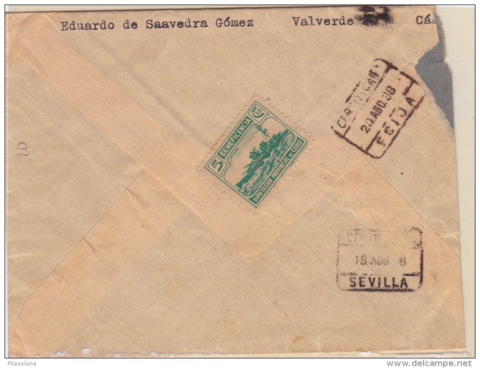 01916 Carta Certificada De Cadiz A Ecija-Sevilla  1938 Censura Milita - Nationalistische Censuur