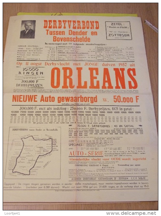 Affiche Poster Duiven Vlucht Orleans 1957 - Derbyverbond Dender & Bovenschelde - Zetel Zottegem - Affiches