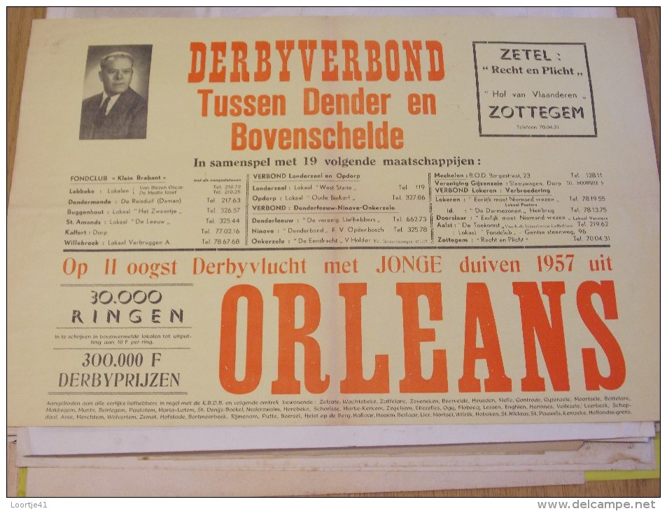 Affiche Poster Duiven Vlucht Orleans 1957 - Derbyverbond Dender & Bovenschelde - Zetel Zottegem - Affiches