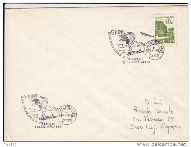 BIRDS, STORK, SPECIAL POSTMARK COVER, 1993, ROMANIA - Picotenazas & Aves Zancudas