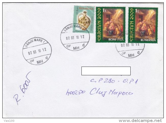 STAMPS ON REGISTERED COVER, NICE FRANKING, 2010, ROMANIA - Brieven En Documenten