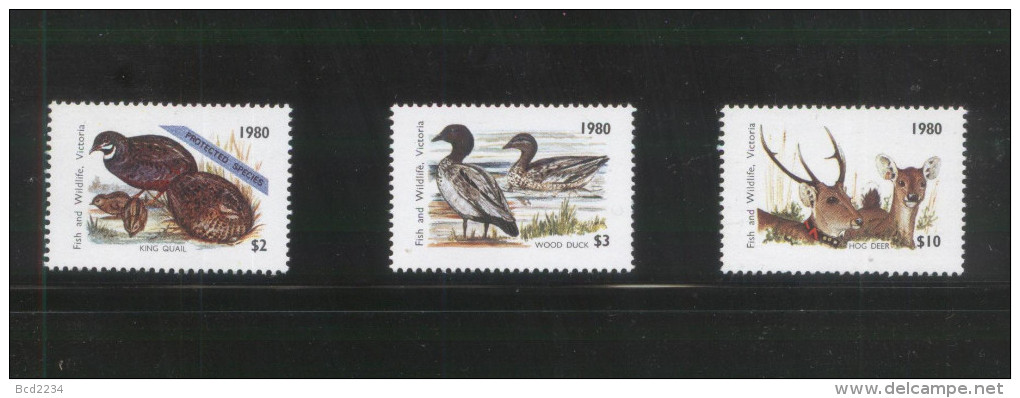 AUSTRALIA 1980 VICTORIA HUNTING TAX REVENUES SET OF 3 NHM QUAIL TEAL DUCK DEER DUCKS BIRDS ANIMALS - Revenue Stamps
