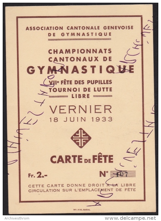 Genève Championnats Cantonaux De Gymnastique (1933) : Vernier 20 Pp + Couv. (21/14 Cm) (H 137) - Programmes